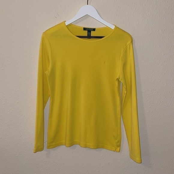 Lauren Ralph Lauren Yellow signature Logo Long Sleeve Crew T Shirt Sz. L - Picture 2 of 6